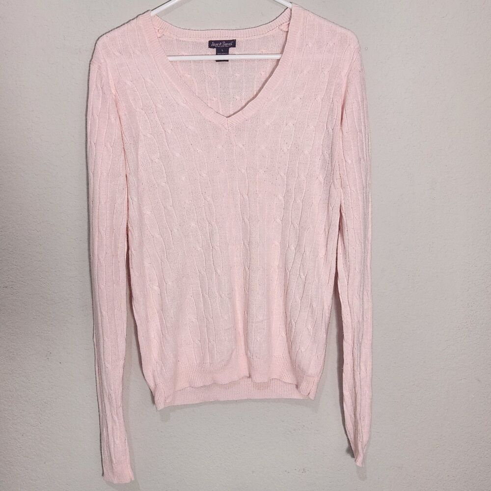 Steve & Barry's Pink Cable Knit Sweater Women's Large V Neck Pullover Cozy